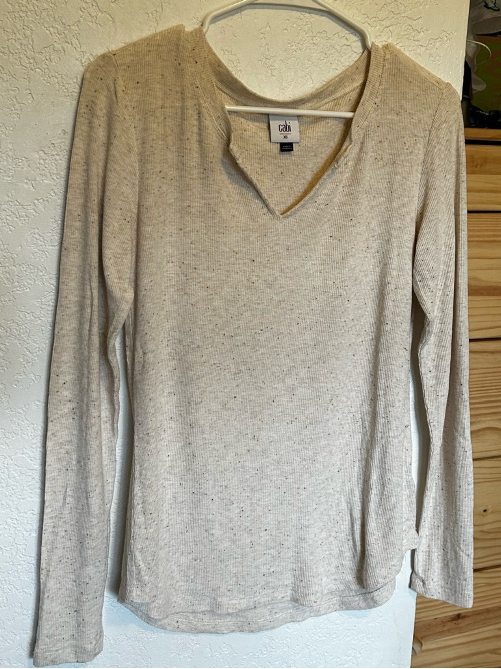 CAbi Cream Speckled Notch-Neck Long Sleeve Top
